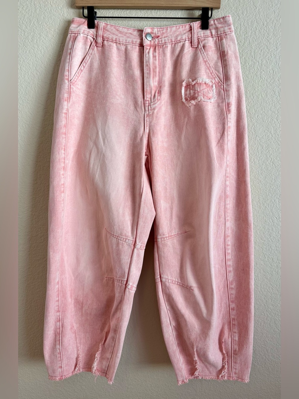 Pigment Dyed Pink Barrel Leg Jeans  Women’s Large Raw Hem High Rise Pants Soft